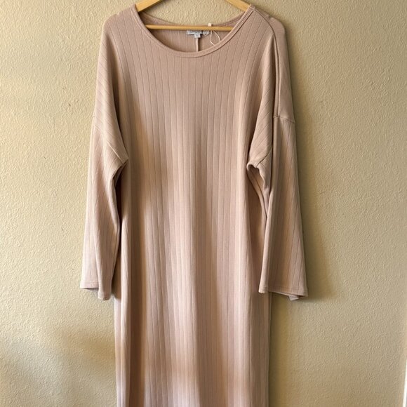 Veiled Collection Beige Ribbed Floor-Length Maxi Dress | Long Sleeve | Size L - Picture 6 of 6